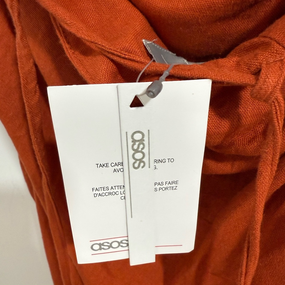 ASOS DESIGN Rust Linen Blend Bandeau Twist Front Draped Midi Dress US 2 - Picture 8 of 11